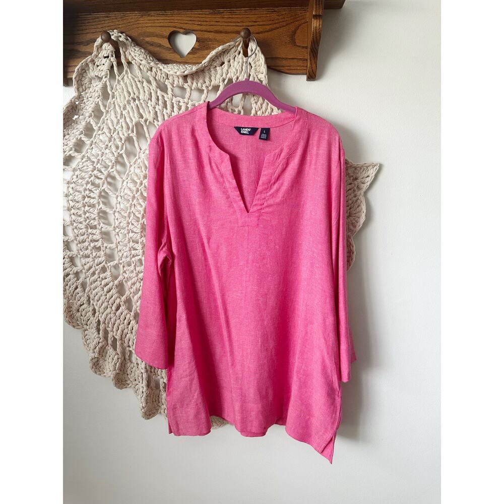 Lands End Bright Pink Linen Blend Tunic Top Size Large